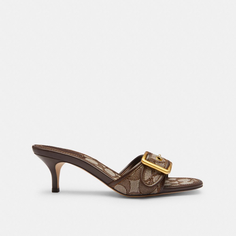 COACH®,Margot Sandal In Signature Jacquard,Leather,Recycled Cotton,Recycled Polyester,Slides,Fabric,Logo,Piping,Sustainabl...,Brown,Angle View