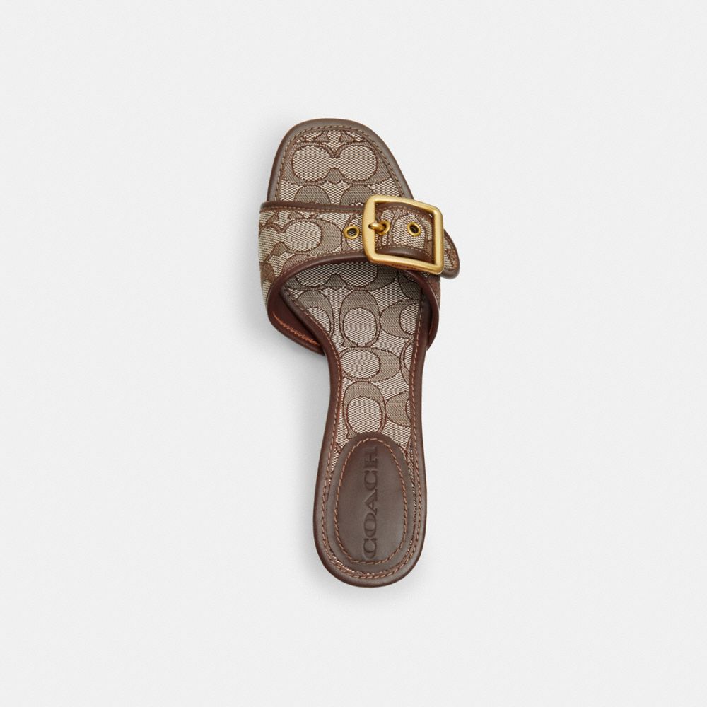 COACH®,Margot Sandal In Signature Jacquard,Leather,Recycled Cotton,Recycled Polyester,Slides,Fabric,Logo,Piping,Sustainabl...,Brown,Inside View,Top View