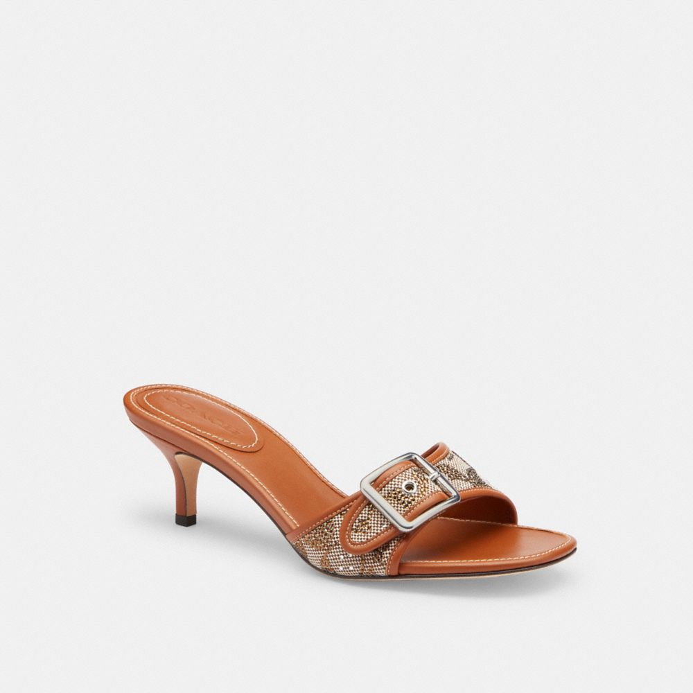 COACH®,Margot Sandal In Crystal Signature Jacquard,Leather,Slides,Embellished,Rhinestones,Piping,Pull Tab,Day Party,Brown,Front View