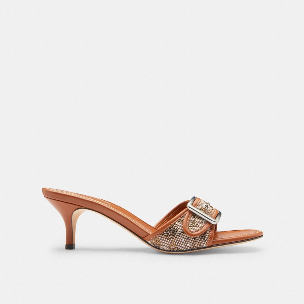COACH®,Margot Sandal In Crystal Signature Jacquard,Leather,Slides,Embellished,Rhinestones,Piping,Pull Tab,Day Party,Brown,Angle View