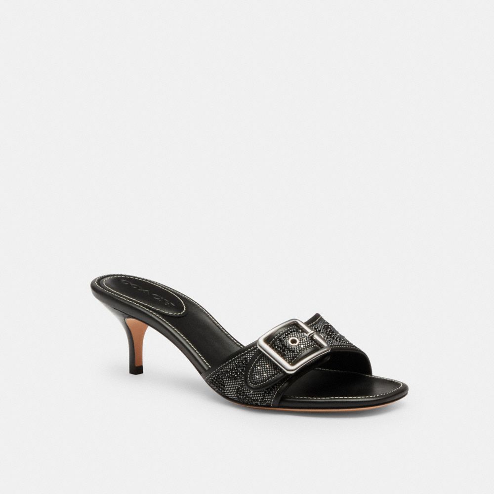 COACH®,Margot Sandal In Crystal Signature Jacquard,Leather,Slides,Embellished,Rhinestones,Piping,Pull Tab,Day Party,Black,Front View