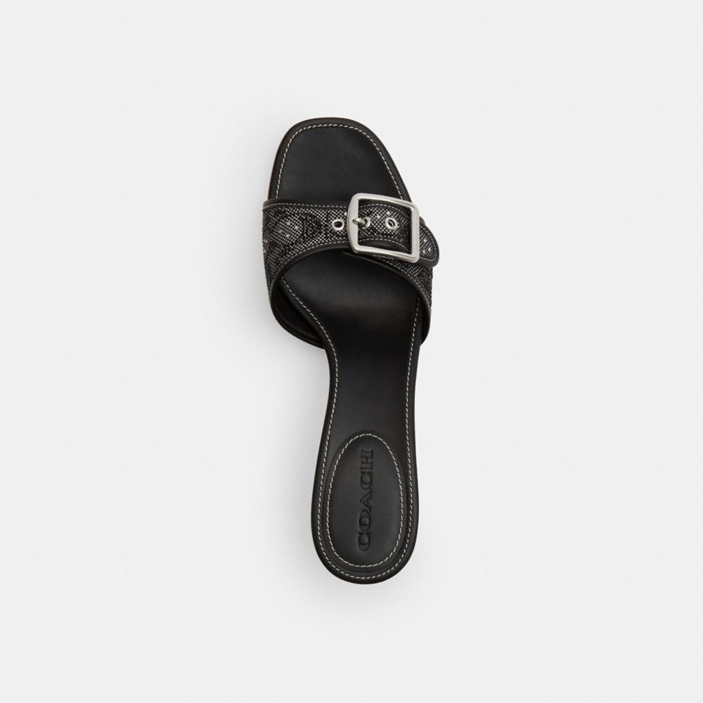 COACH®,Margot Sandal In Crystal Signature Jacquard,Leather,Slides,Embellished,Rhinestones,Piping,Pull Tab,Day Party,Black,Inside View,Top View