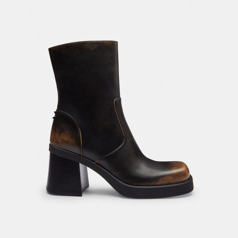 COACH®,Sculpted C Bootie In Loved Leather,Faux Leather,Rubber,Leather,Lining Leather,Boots,Metal,Embellished,Padded Insole...,Black,Angle View