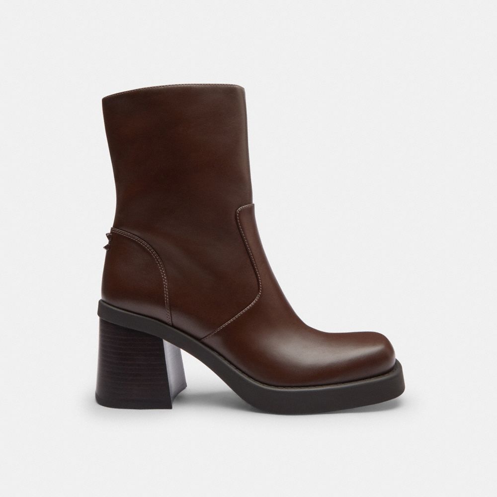 COACH®,Sculpted C Bootie,Rubber,Faux Leather,Leather,Lining Leather,Boots,Embellished,Metal,Pull Tab,Padded Insole,Day Party,Brown,Angle View