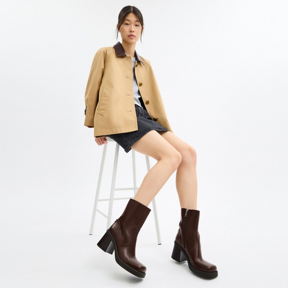 COACH®,Sculpted C Bootie,Rubber,Faux Leather,Leather,Lining Leather,Boots,Embellished,Metal,Pull Tab,Padded Insole,Day Party,Brown,Detail View