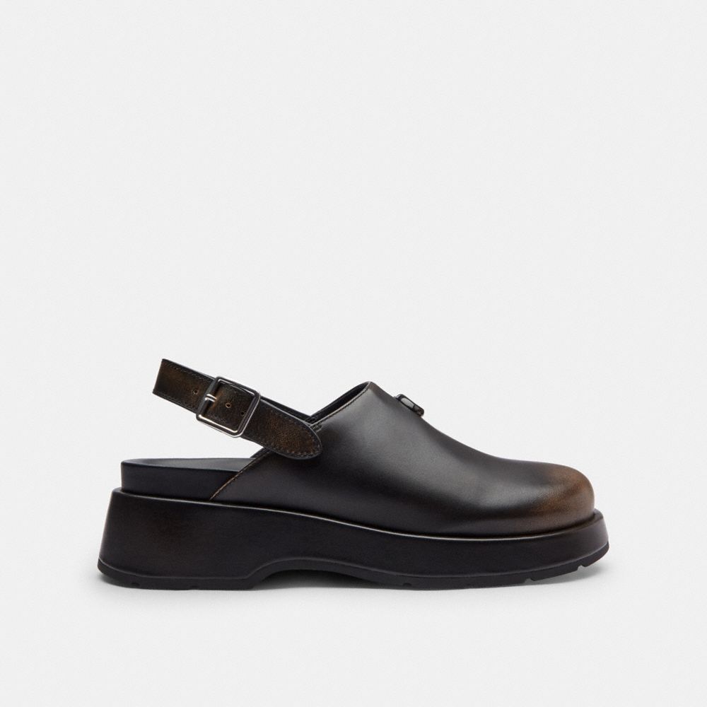 COACH®,Sculpted C Platform Clog In Loved Leather,Rubber,Lining Leather,Leather,Clogs,Logo,Metal,Elastic Gore,Padded Insole...,Black,Angle View