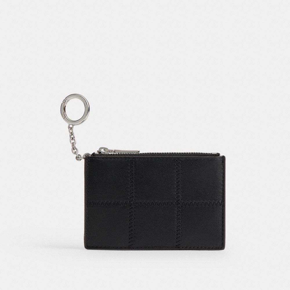 COACH®,Zip Card Case With Key Ring In Checkerboard Upcrafted Leather,Leather,Recycled Polyester,Lining Recycled Polyester,...,Black,Front View