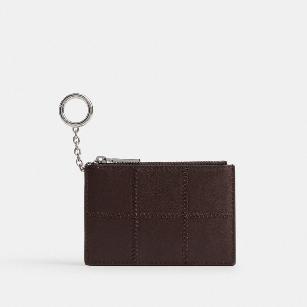 COACH®,Zip Card Case With Key Ring In Checkerboard Upcrafted Leather,Leather,Recycled Polyester,Lining Recycled Polyester,...,Brown,Front View