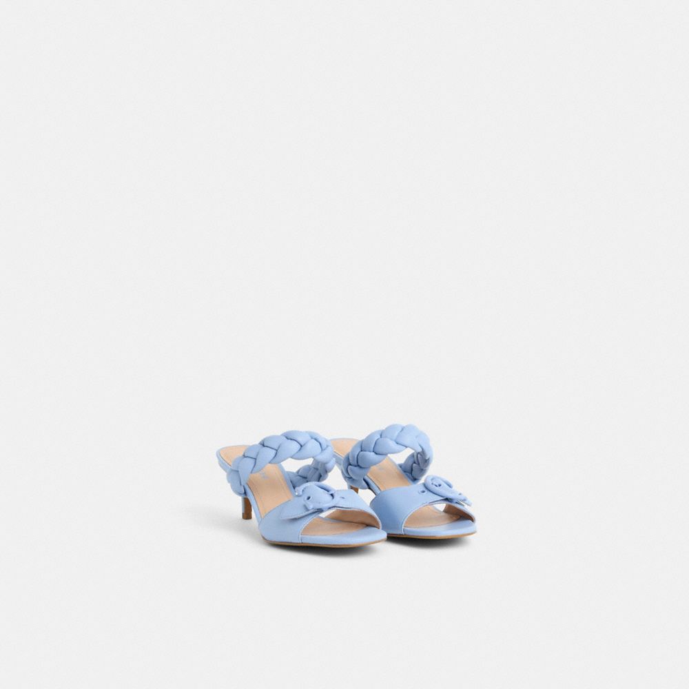 COACH®,Restored Mollie Sandal,Leather,Rubber,Slides,Braided,Logo,Casual,Blue,Angle View