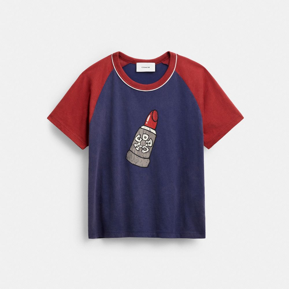 COACH®,Lipstick Graphic Raglan T-Shirt In Organic Cotton,Organic Cotton,Cotton,Cotton Knit,T Shirt,Piping,Color Block,Casual,Navy,Front View