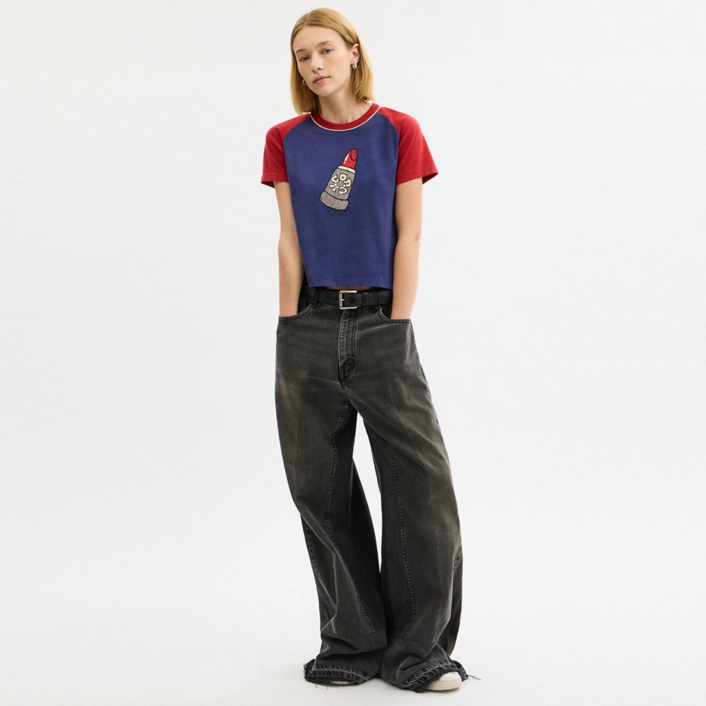 COACH®,Lipstick Graphic Raglan T-Shirt In Organic Cotton,Organic Cotton,Cotton,Cotton Knit,T Shirt,Piping,Color Block,Casual,Navy,Scale View