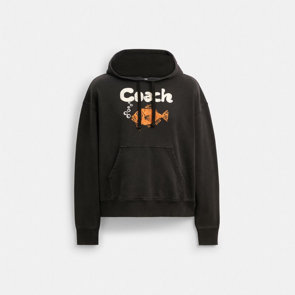 COACH®,Fish Graphic Hoodie,Cotton,Sweatshirt,Drawstring,Logo,Casual,Black,Front View