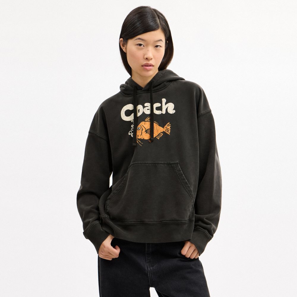 COACH®,Fish Graphic Hoodie,Cotton,Sweatshirt,Drawstring,Logo,Casual,Black,Scale View