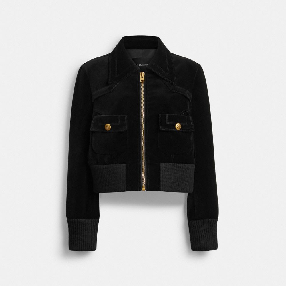 COACH®,Velvet Blouson Jacket,Black,Front View