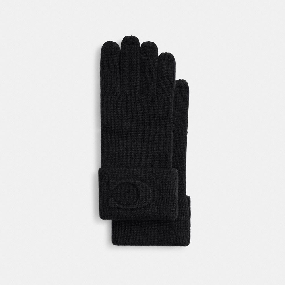 COACH®,Signature Embossed Knit Gloves,Black,Front View