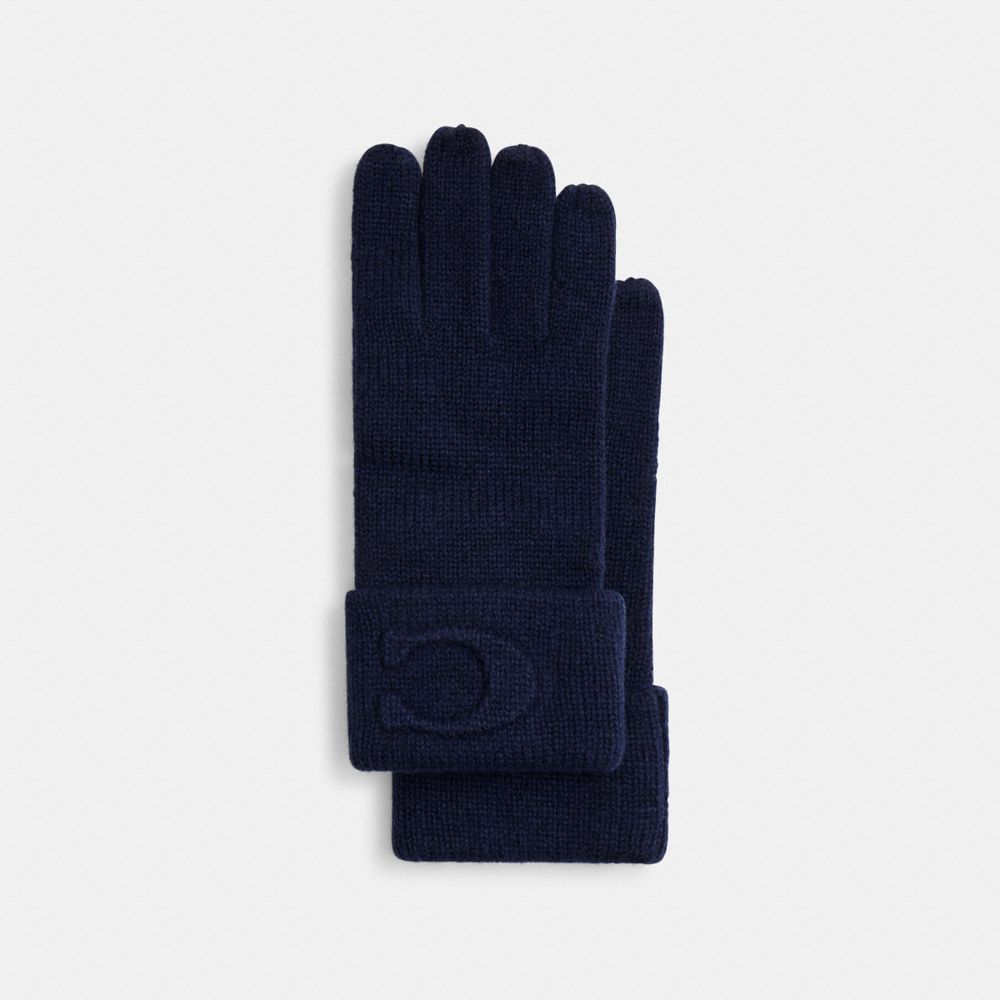 COACH®,Signature Embossed Knit Gloves,Navy,Front View