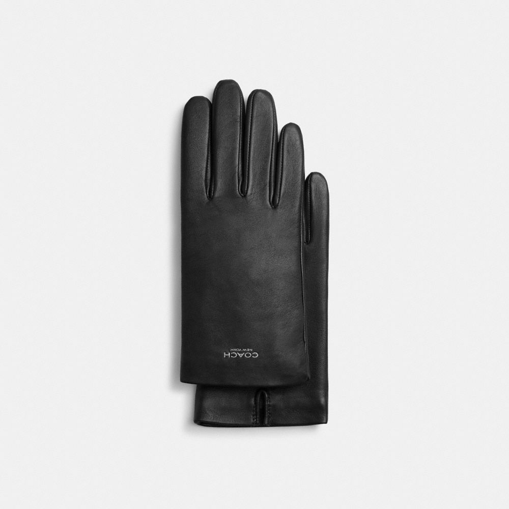 COACH®,Women's Leather Tech Gloves,Black,Front View
