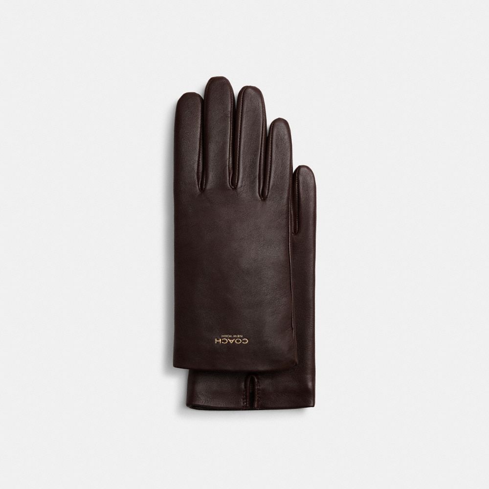 COACH®,Women's Leather Tech Gloves,Brown,Front View