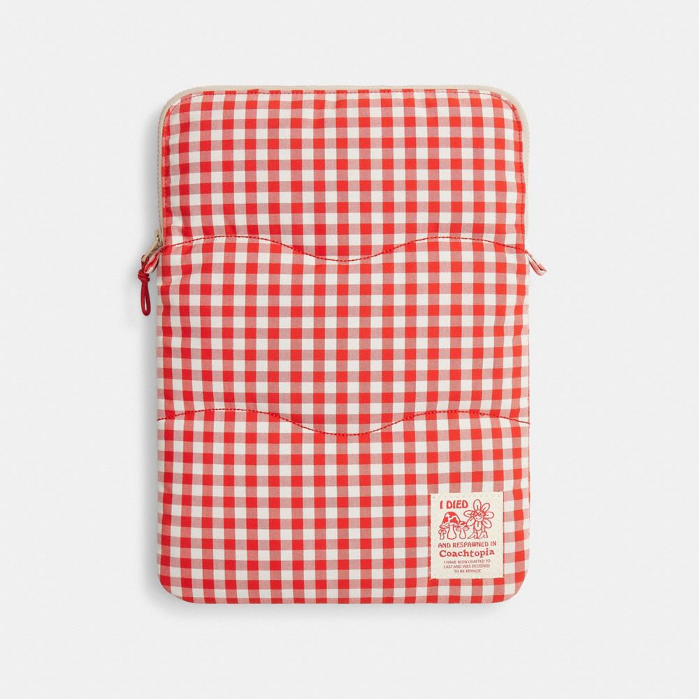 COACH®,Coachtopia Loop Laptop Sleeve With Wavy Quilting In Gingham,Recycled Polyester,Laptop Sleeve,Plastic,Applique,Logo,...,Multi Color,Front View
