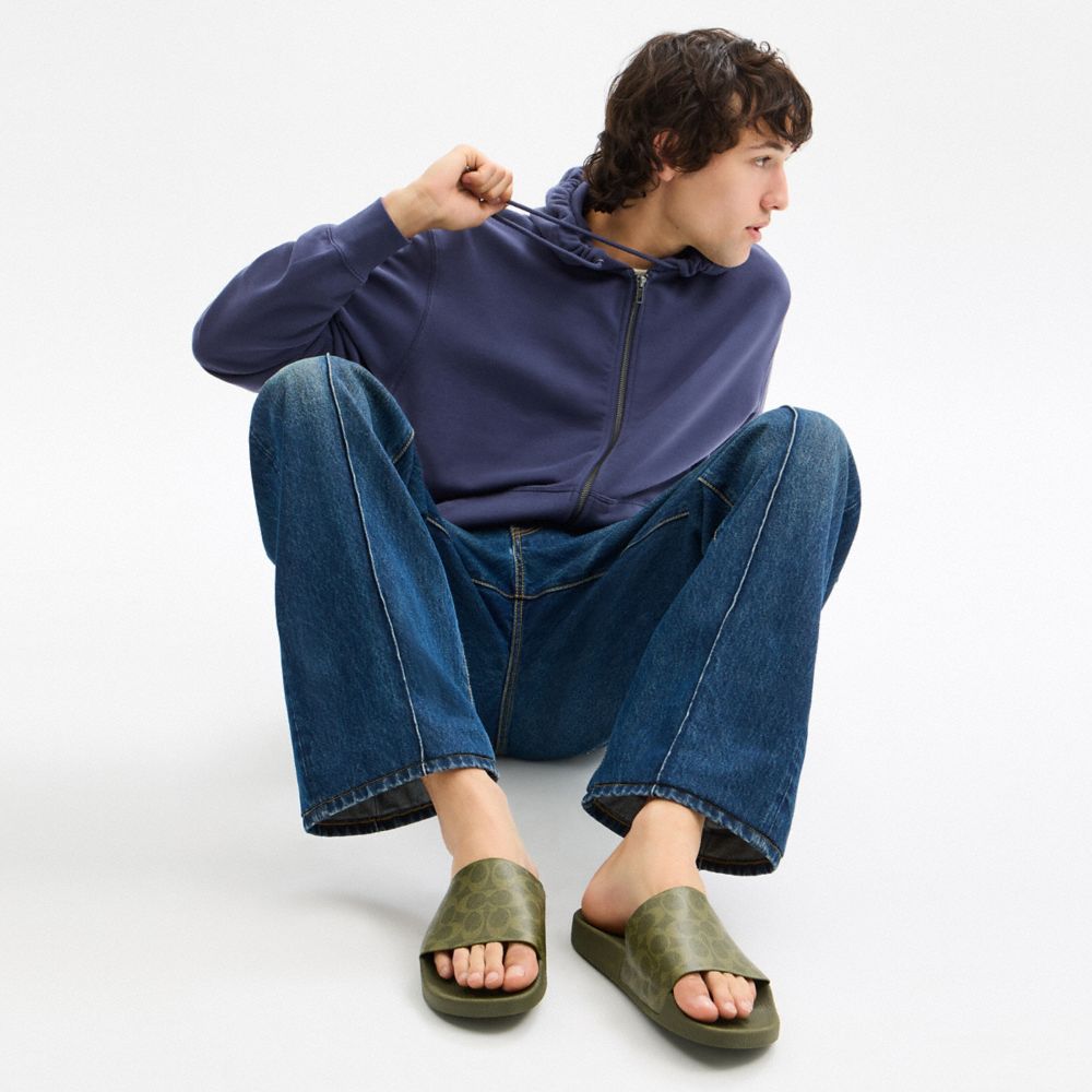 COACH®,Pool Slide In Signature Canvas,Rubber,Lining Mesh,Canvas,Mesh,Slides,Fabric,Logo,Traction,Pool,Olive,Detail View