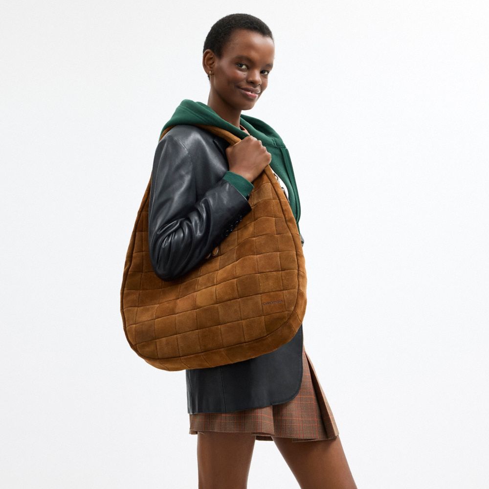 COACH®,Alter/Ego Large Crescent Shoulder Bag In Upcrafted Suede,Suede,Lining Recycled Polyester,Acrylic,Polyester,Syntheti...,Brown,Detail View