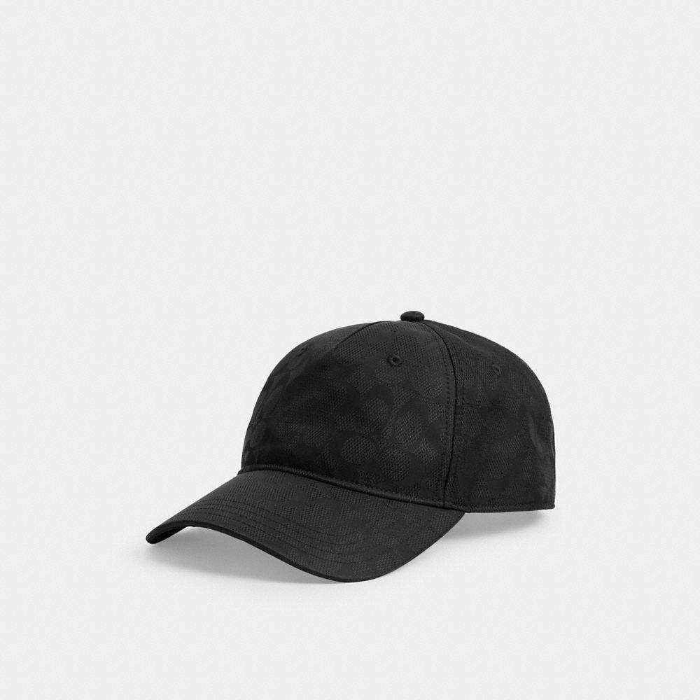 COACH®,Tonal Signature Baseball Hat,Nylon,Cotton,Baseball Cap,Metal,Graphic,Pattern,Grommet,Logo,Embossed,Cooling,Breathab...,Black,Front View