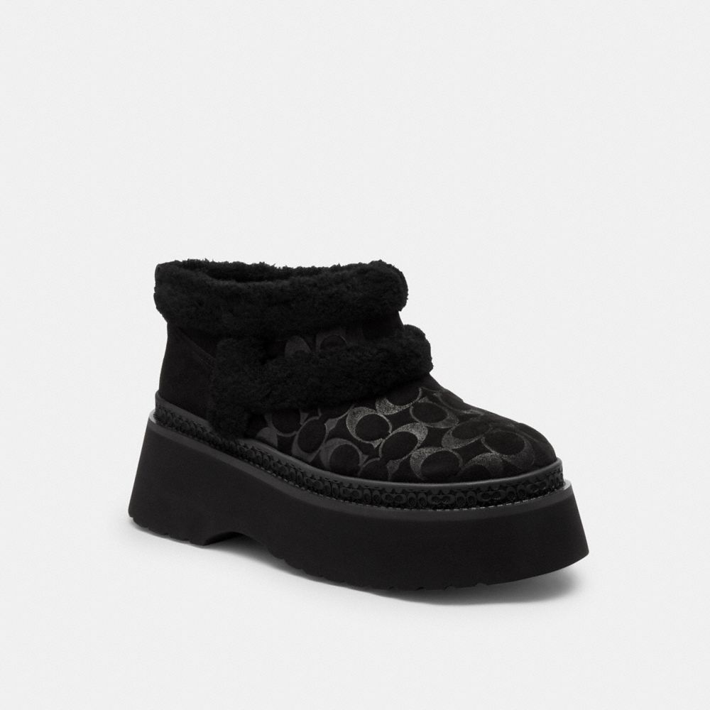 COACH®,Christina Bootie In Signature Suede,Suede,EVA,Wool,Winter,Color Block,Logo,Fur Embellishment,Embossed,Traction,Flex...,Black,Front View