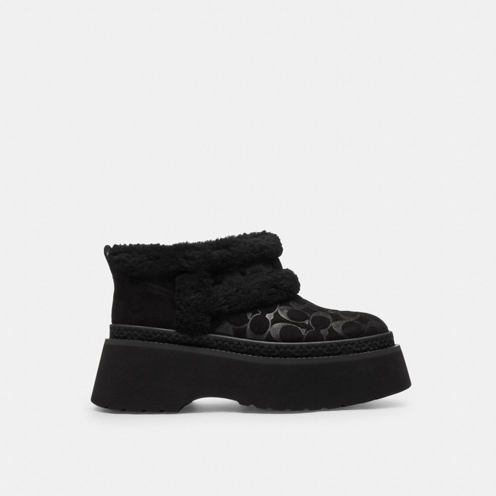 COACH®,Christina Bootie In Signature Suede,Suede,EVA,Wool,Winter,Color Block,Logo,Fur Embellishment,Embossed,Traction,Flex...,Black,Angle View