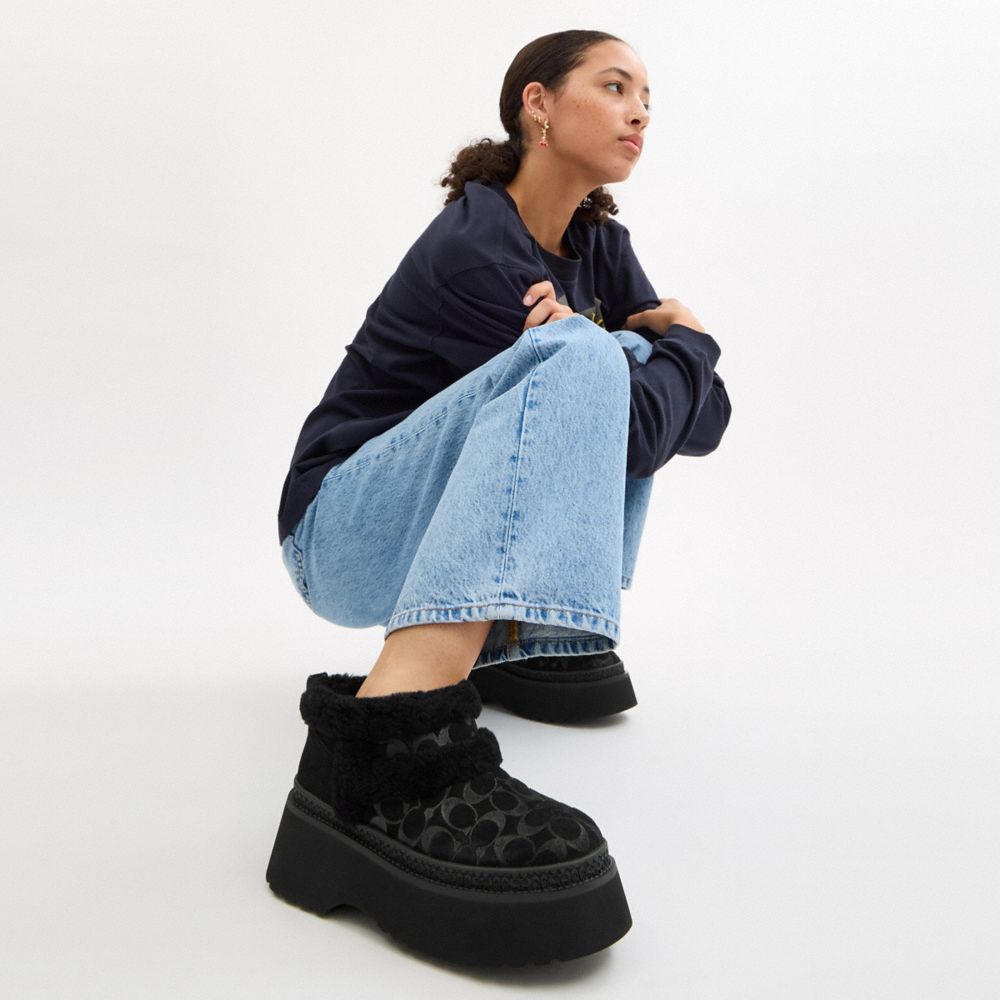 COACH®,Christina Bootie In Signature Suede,Suede,EVA,Wool,Winter,Color Block,Logo,Fur Embellishment,Embossed,Traction,Flex...,Black,Detail View