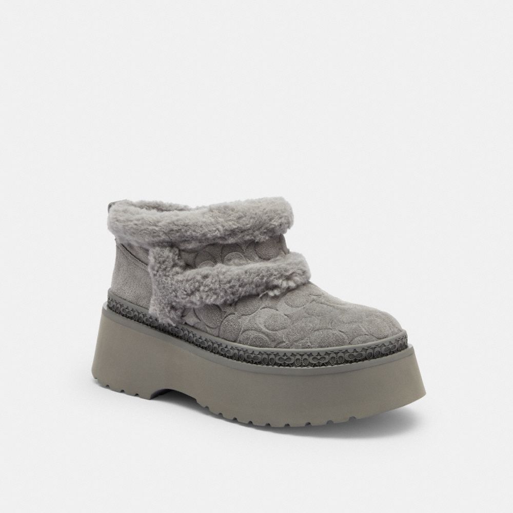 COACH®,Christina Bootie In Signature Suede,Suede,EVA,Wool,Winter,Color Block,Logo,Fur Embellishment,Embossed,Traction,Flex...,Gray,Front View