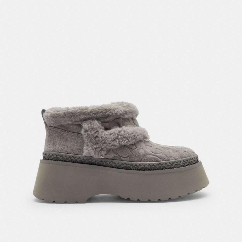 COACH®,Christina Bootie In Signature Suede,Suede,EVA,Wool,Winter,Color Block,Logo,Fur Embellishment,Embossed,Traction,Flex...,Gray,Angle View