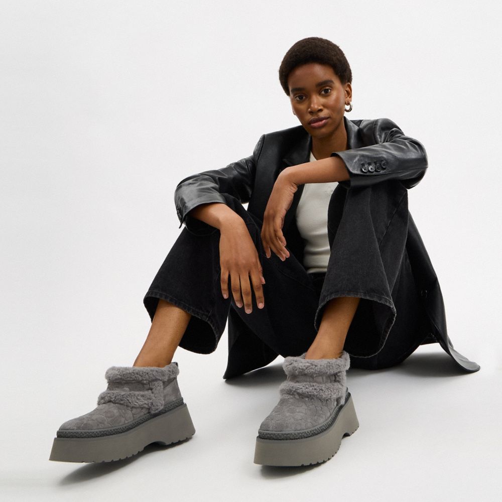 COACH®,Christina Bootie In Signature Suede,Suede,EVA,Wool,Winter,Color Block,Logo,Fur Embellishment,Embossed,Traction,Flex...,Gray,Detail View