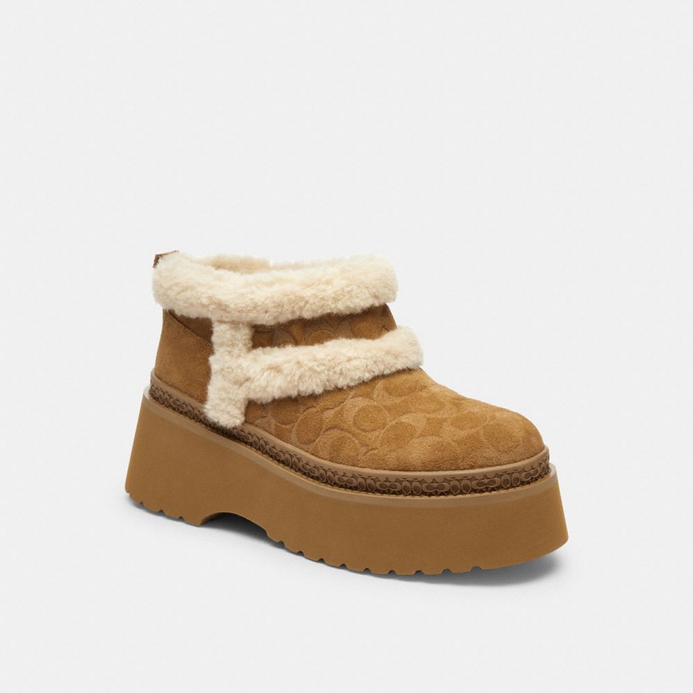 COACH®,Christina Bootie In Signature Suede,Suede,EVA,Wool,Winter,Color Block,Logo,Fur Embellishment,Embossed,Traction,Flex...,Brown,Front View