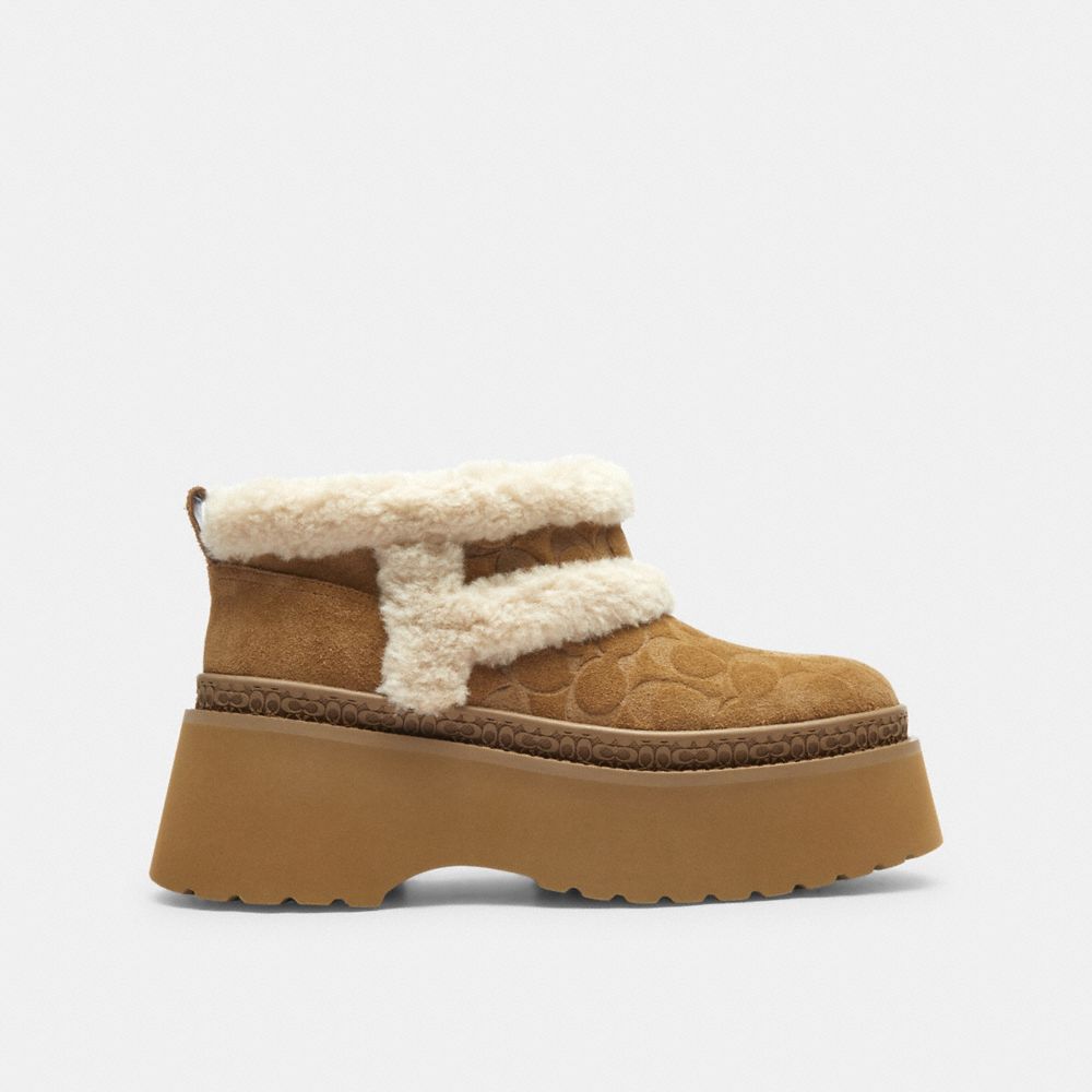 COACH®,Christina Bootie In Signature Suede,Suede,EVA,Wool,Winter,Color Block,Logo,Fur Embellishment,Embossed,Traction,Flex...,Brown,Angle View