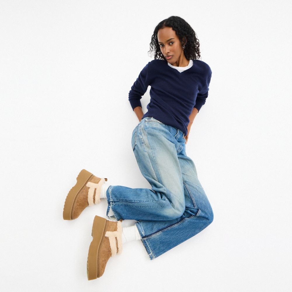 COACH®,Christina Bootie In Signature Suede,Suede,EVA,Wool,Winter,Color Block,Logo,Fur Embellishment,Embossed,Traction,Flex...,Brown,Detail View