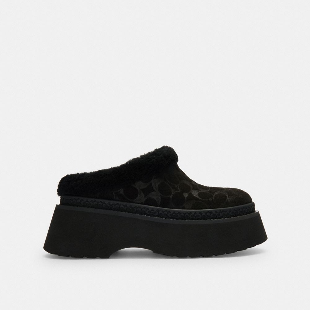 COACH®,Cecelia Clog In Signature Suede,Wool,Suede,EVA,Mules,Fabric,Embossed,Shearling,Logo,Pull Tab,Padded Insole,Casual,Black,Angle View