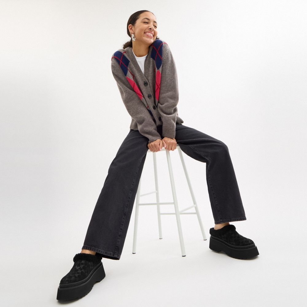 COACH®,Cecelia Clog In Signature Suede,Wool,Suede,EVA,Mules,Fabric,Embossed,Shearling,Logo,Pull Tab,Padded Insole,Casual,Black,Detail View