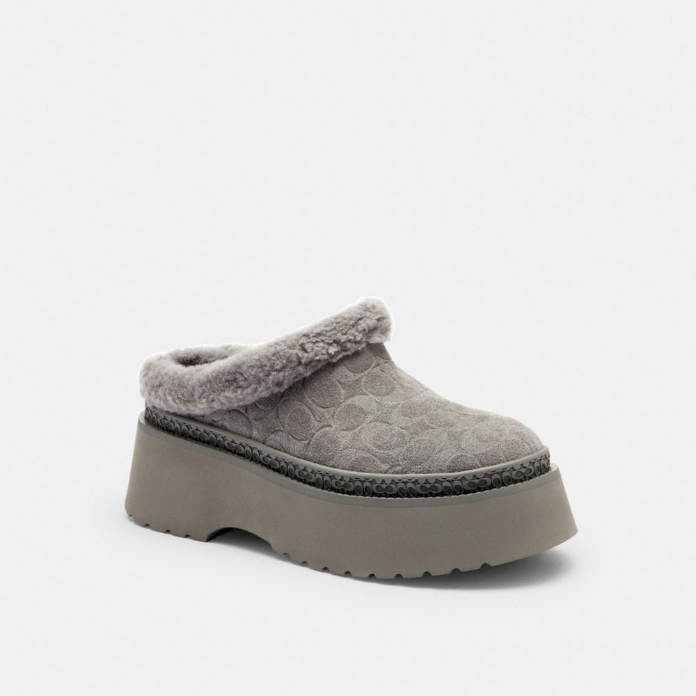 COACH®,Cecelia Clog In Signature Suede,Wool,Suede,EVA,Mules,Fabric,Embossed,Shearling,Logo,Pull Tab,Padded Insole,Casual,Gray,Front View