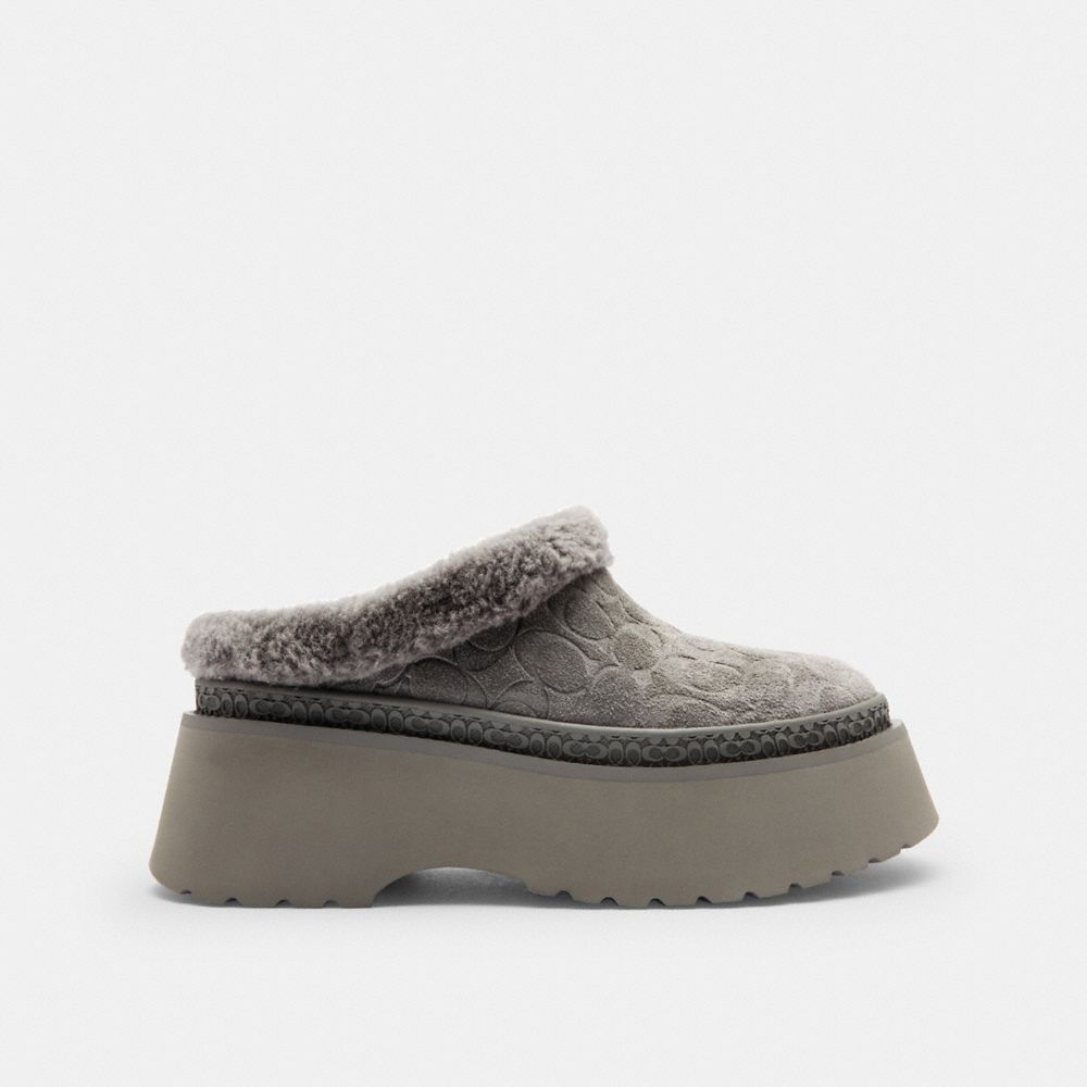 COACH®,Cecelia Clog In Signature Suede,Wool,Suede,EVA,Mules,Fabric,Embossed,Shearling,Logo,Pull Tab,Padded Insole,Casual,Gray,Angle View