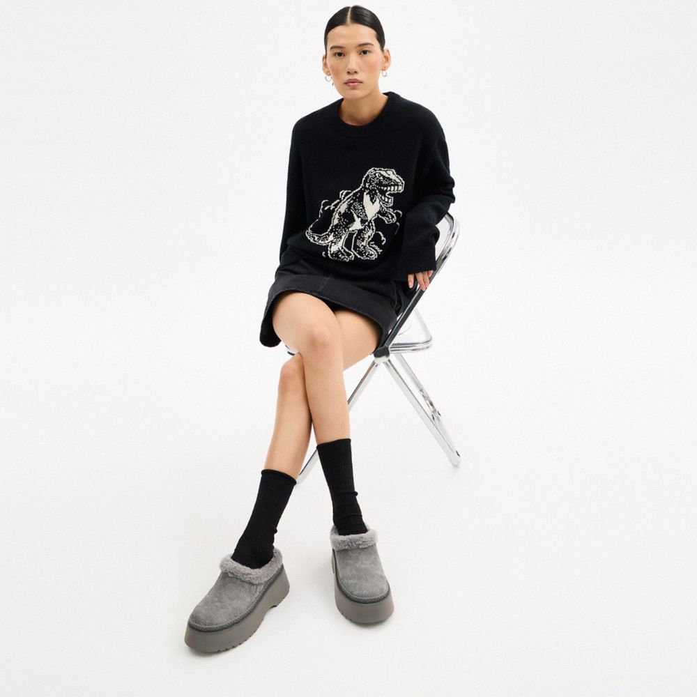 COACH®,Cecelia Clog In Signature Suede,Wool,Suede,EVA,Mules,Fabric,Embossed,Shearling,Logo,Pull Tab,Padded Insole,Casual,Gray,Detail View