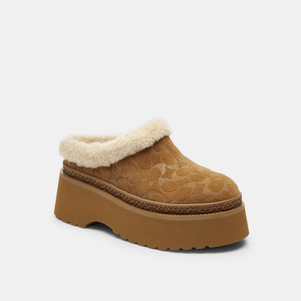 COACH®,Cecelia Clog In Signature Suede,Wool,Suede,EVA,Mules,Fabric,Embossed,Shearling,Logo,Pull Tab,Padded Insole,Casual,Brown,Front View