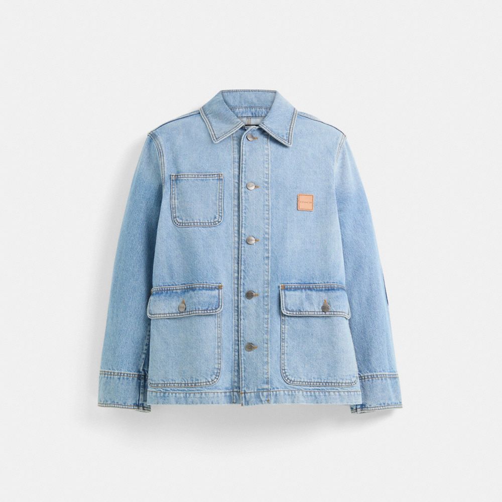 COACH®,Restored Denim Chore Jacket,Cotton,Denim,Logo,Tag Embellishment,Sustainable,Casual,Blue,Front View