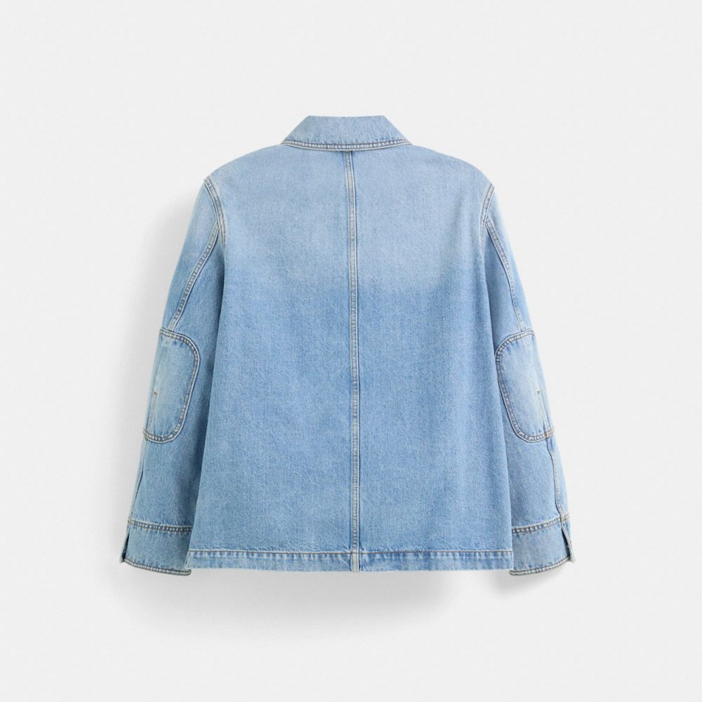 COACH®,Restored Denim Chore Jacket,Cotton,Denim,Logo,Tag Embellishment,Sustainable,Casual,Blue,Back View