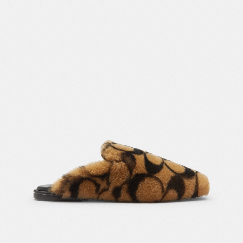 COACH®,Slipper In Signature Shearling,Rubber,Leather,Shearling,Slippers,Smoking Flat,Mules,Logo,Traction,Padded Insole,Cus...,Brown,Angle View