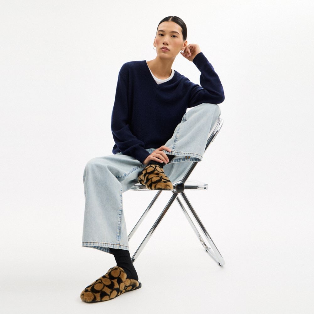 COACH®,Slipper In Signature Shearling,Rubber,Leather,Shearling,Slippers,Smoking Flat,Mules,Logo,Traction,Padded Insole,Cus...,Brown,Detail View