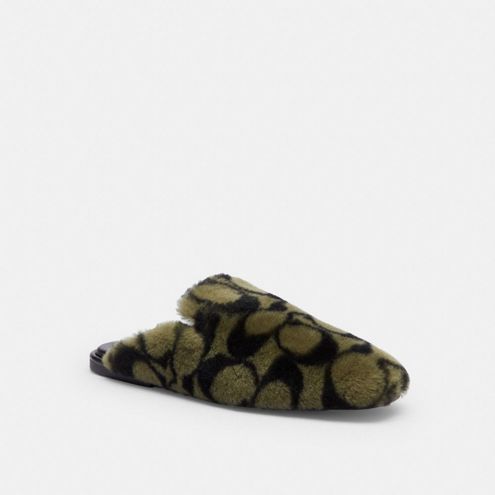 COACH®,Slipper In Signature Shearling,Rubber,Leather,Shearling,Slippers,Smoking Flat,Mules,Logo,Traction,Padded Insole,Cus...,Olive,Front View