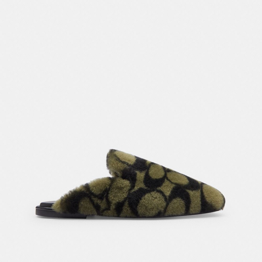COACH®,Slipper In Signature Shearling,Rubber,Leather,Shearling,Slippers,Smoking Flat,Mules,Logo,Traction,Padded Insole,Cus...,Olive,Angle View