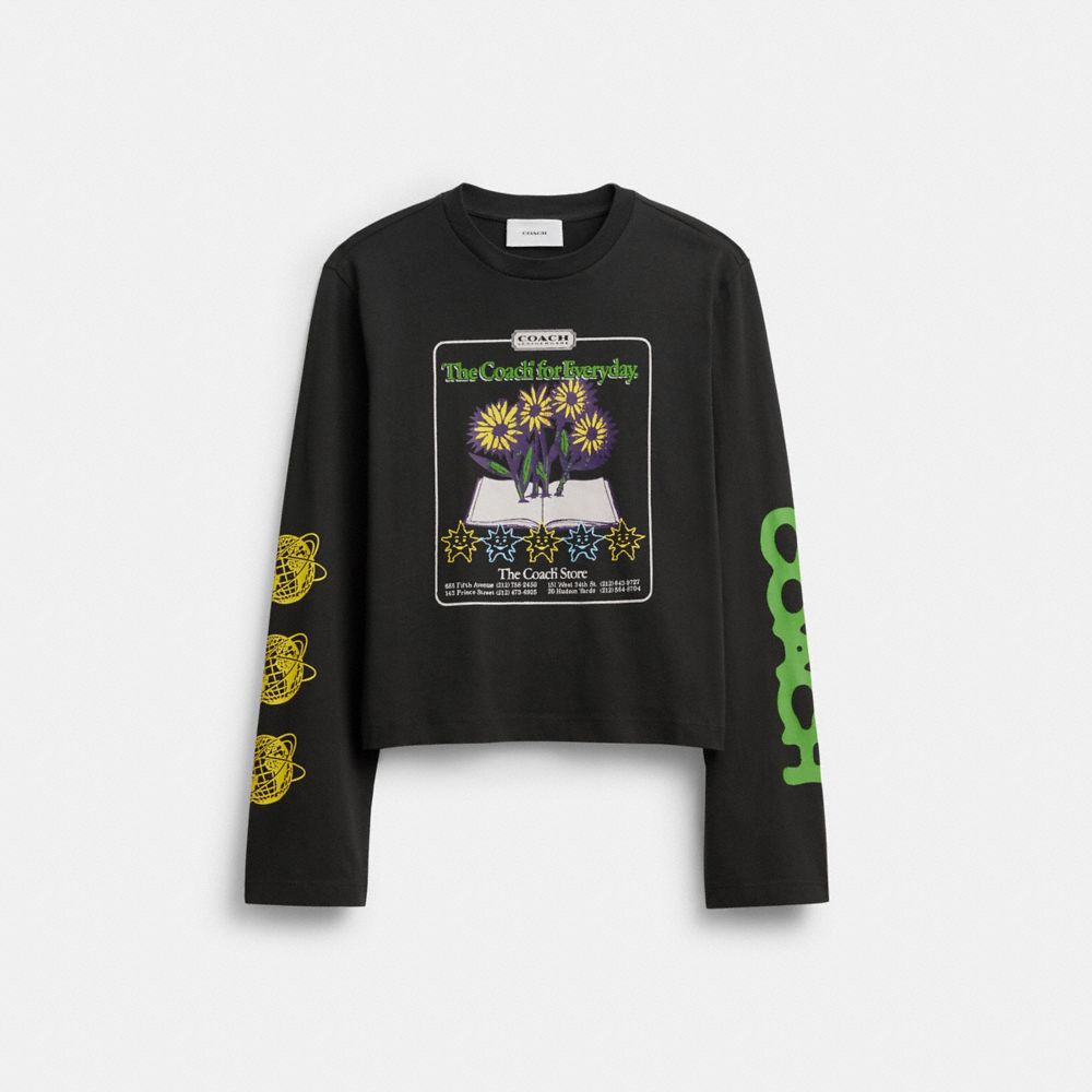 COACH®,Long Sleeve Graphic T-Shirt In Organic Cotton,Organic Cotton,Cotton,T Shirt,Sustainable,Casual,Black,Front View