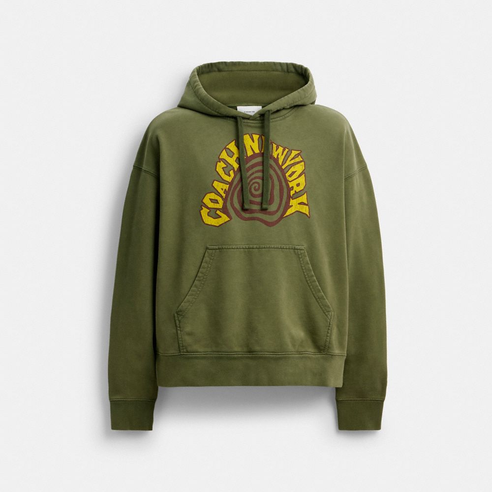 COACH®,Garment Dyed Spiral Hoodie,Cotton,Sweatshirt,Drawstring,Logo,Casual,Olive,Front View