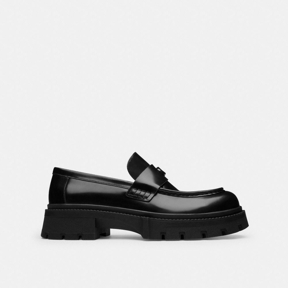 COACH®,Platform Loafer,Rubber,Leather,Loafer,Foam,Penny Loafer,Memory Foam Insole,Work,Black,Angle View